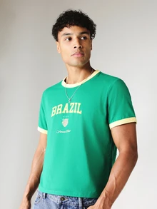 SUMWON Brasilien Weltmeisterschaft Grafik Ringer Tee Geschrumpfte Passform Rundhals Kurzarm Lässig Sommer T-Shirt Mit Kontrastbesatz - Grün - Übersicht 4