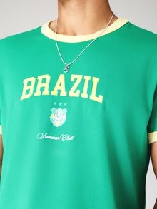 SUMWON Brasilien Weltmeisterschaft Grafik Ringer Tee Geschrumpfte Passform Rundhals Kurzarm Lässig Sommer T-Shirt Mit Kontrastbesatz - Grün - Übersicht 5
