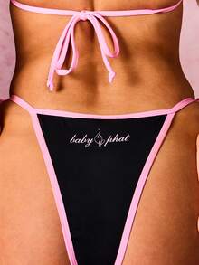 BABYPHAT Plus Size Triangle Halter Bikini Set With Contrast Pink Trim And Logo Detail For Summer Beach - Black - View 6