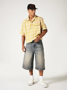 SUMWON Crop Fit Plaid Button-Up Short Sleeve Camp Collar Shirt With Chest Pocket And Script Embroidery - Yellow - View 3