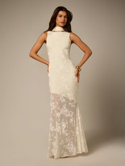 AiiRZ Vestido maxi de encaje floral con detalles de capa dramática y dobladillo transparente, elegante vestido de novia para eventos de noche