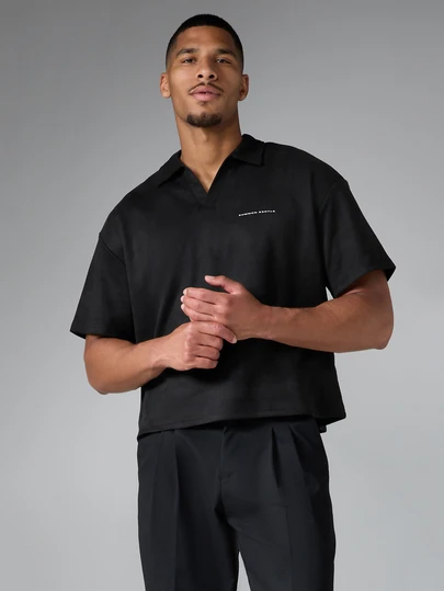 SUMWON Oversized Cropped Polo Shirt With Open V-Neck Collar Small Chest Logo Print Casual Summer Top