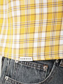 SUMWON Crop Fit Plaid Button-Up Short Sleeve Camp Collar Shirt With Chest Pocket And Script Embroidery - Yellow - View 6