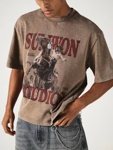 SUMWON Suwon Studios Oversized Boxy Graphic Tee With Cowboy Western Print Acid Washed Crew Neck Short Sleeve - Brown - View 5