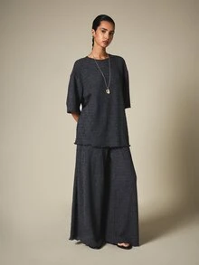 KSTM Textured Crinkle Co-Ord Two-Piece Set With Relaxed Top And Wide-Leg Palazzo Trousers Brunch Dark Grey Winter Casual - Grey - View 1