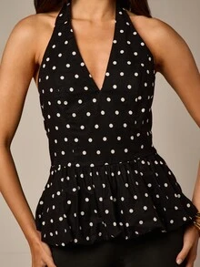 AiiRZ Polka Dot Deep V Halterneck Peplum Top With Bubble Hem And Open Back Detail - Multicolor - View 4