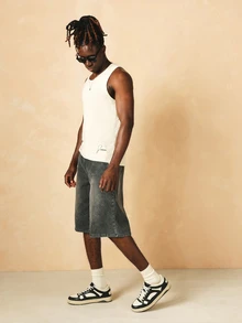 SUMWON Linen Feel Sleeveless Tank Top With Script Logo Detail Crew Neck Summer Casual Vest - Apricot - View 3