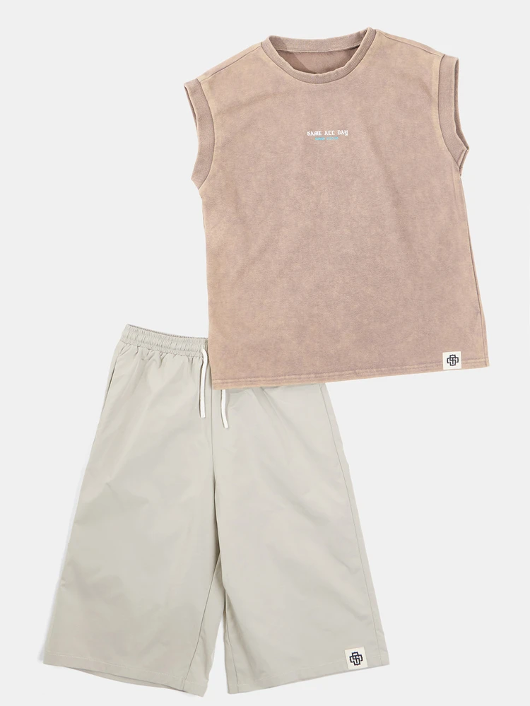 Conjunto de Regata Gráfica e Shorts Coordenados Casual de Verão Streetwear para Meninos Pré-Adolescentes