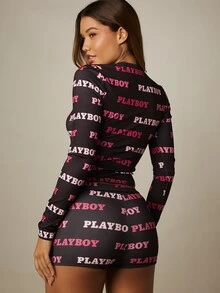 Missguided x Playboy Conjunto de pijama con top corto de manga larga con estampado total y shorts mini con cremallera en el cuello - Multicolor - Ver 2