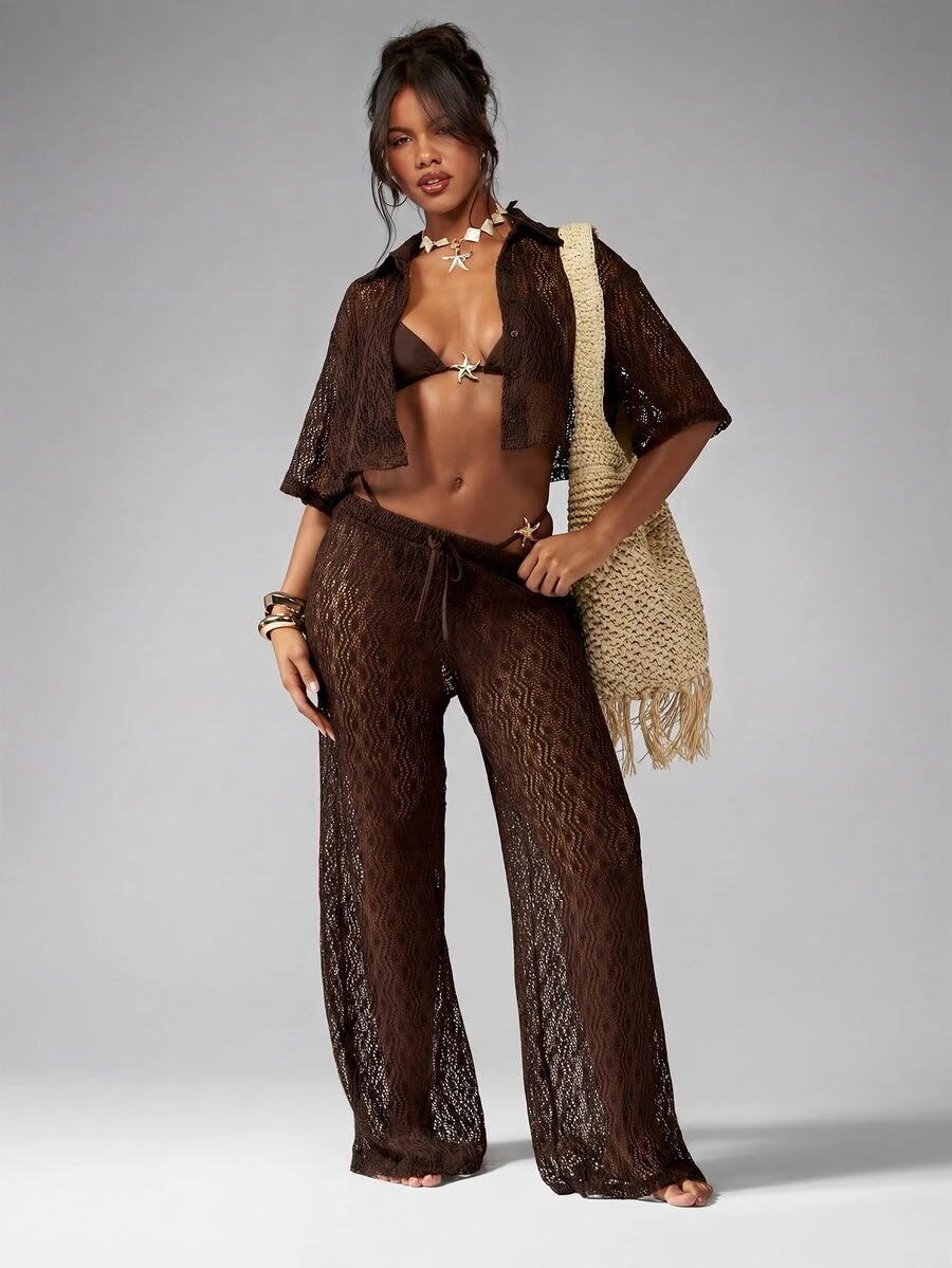 MISSGUIDED Setelan Dua Potong Rajutan Renda, Kemeja dan Celana Panjang Lebar, Penutup Pantai untuk Liburan Musim Panas - Coklat - View 1