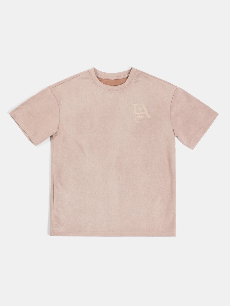 T-shirt a maniche corte con scollo a girocollo in texture scamosciata per ragazzi pre-adolescenti con stampa della città di LA sul davanti e sul retro