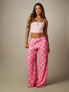 Missguided x Playboy Bộ đồ ngủ gồm áo hai dây và quần ống rộng in hình logo thỏ, kiểu dáng caro. - Nhiều màu - Xem 4