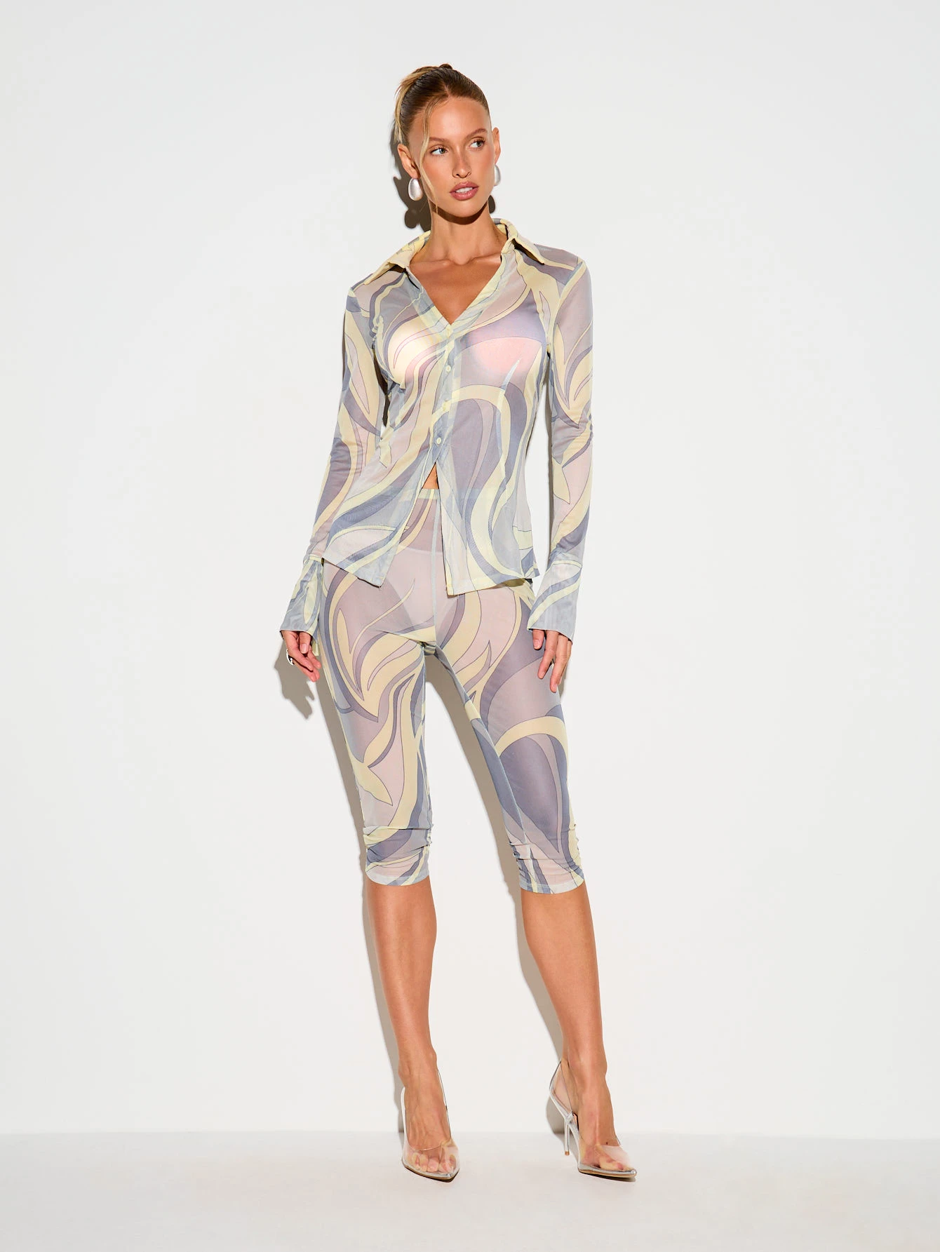 KIZN Sheer Swirl Print Shirt With Lace-Up Back