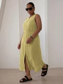 ELLERISSA Vestido midi de punto waffle con botones delanteros en talla grande amarillo - Amarillo - Ver 4