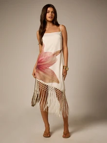 AiiRZ Đầm midi dáng suông in hoa với tua rua macrame ở gấu váy, dây mảnh, phong cách boho mùa hè. - Nhiều màu - Xem 1
