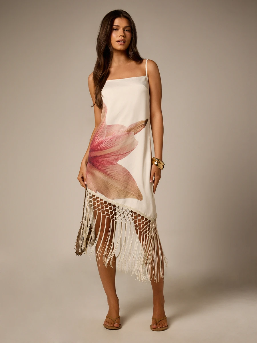 AiiRZ Đầm midi dáng suông in hoa với tua rua macrame ở gấu váy, dây mảnh, phong cách boho mùa hè. - Nhiều màu - Xem 1