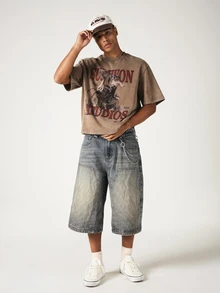 SUMWON Carpenter Denim Jorts Baggy Wide Leg Shorts With Chain Detail Distressed Washed Summer Street Style - Blue - View 3