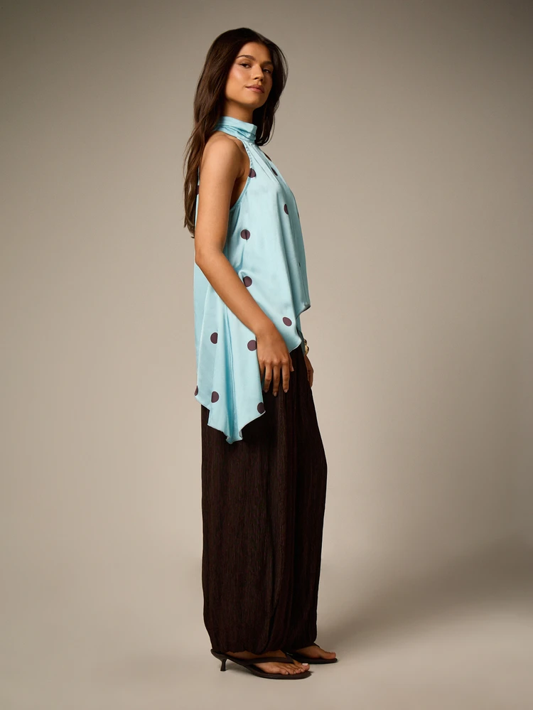 Satin Polka Dot Halter Top With Asymmetric Hem