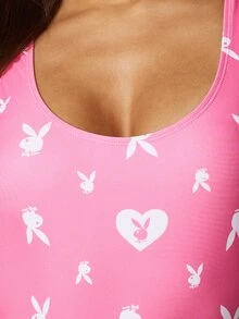 Missguided x Playboy Bunny Logo All-Over-Print One-Piece Swimsuit With Scoop Neck And High-Cut Leg For Summer Beach - Multicolor - View 5