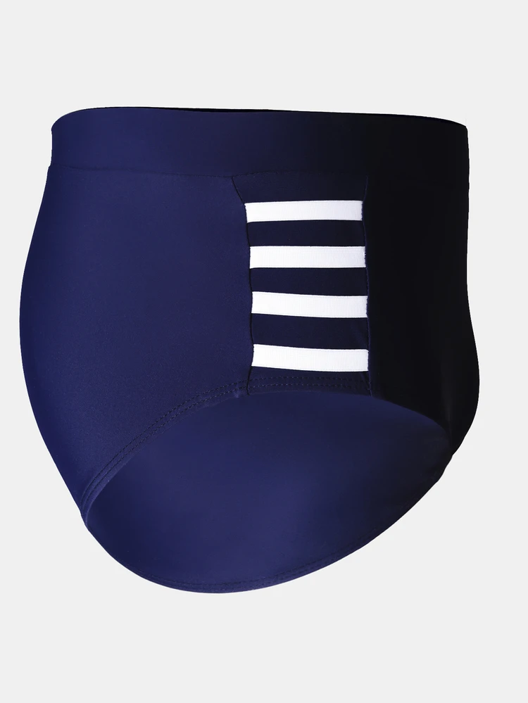 Slip da bagno classico con dettaglio a righe laterali, vita elasticizzata, costumi da bagno per vacanze estive in spiaggia