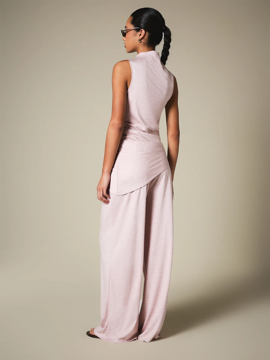 KSTM Conjunto de top sin mangas de cuello alto asimétrico y pantalón de pierna ancha con cintura plegable - Rosa - Ver 1