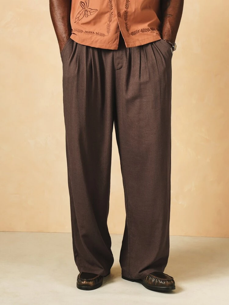 Calça de Linho com Perna Larga e Pregas para Uso Casual Diário, Resort e Ocasiões de Verão