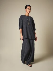 KSTM Textured Crinkle Co-Ord Two-Piece Set With Relaxed Top And Wide-Leg Palazzo Trousers Brunch Dark Grey Winter Casual - Grey - View 6