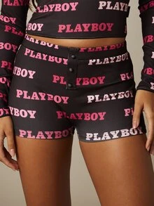 Missguided x Playboy Conjunto de pijama con top corto de manga larga con estampado total y shorts mini con cremallera en el cuello - Multicolor - Ver 4