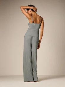 AiiRZ Cami And Trouser Pajama Set With V-Neckline Spaghetti Straps Wide Leg Pants Cozy Lounge Sleep Wear - Dark Grey - View 2