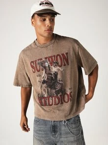 SUMWON Suwon Studios Oversized Boxy Graphic Tee With Cowboy Western Print Acid Washed Crew Neck Short Sleeve - Brown - View 4
