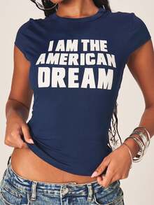 MISSGUIDED Graphic Tee With Bold I Am The American Dream Slogan Print, Crew Neck, Cap Sleeve, Cropped Fit - Blue - View 2