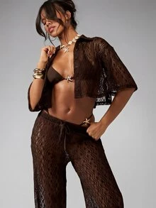 MISSGUIDED Setelan Dua Potong Rajutan Renda, Kemeja dan Celana Panjang Lebar, Penutup Pantai untuk Liburan Musim Panas - Coklat - View 3