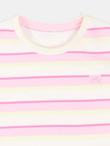 SUMWON Girls Striped Crop T-Shirt And Ruffle Shorts Co-Ord Set With Bow Patch Detail Summer Casual Outfit - Pink - View 3