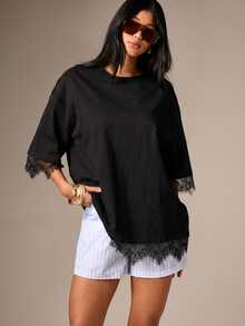 AiiRZ Oversized Lace Trim T-Shirt Round Neck Elbow Sleeve Relaxed Fit Casual Everyday Top - Black - View 4
