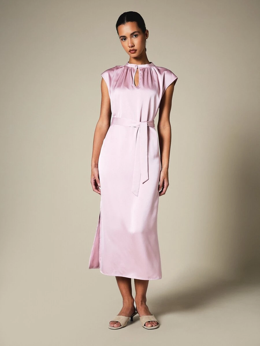 KSTM Satin Midi Dress With Keyhole Neckline Cap Sleeves Belted Waist And Side Slit Elegant Event Wedding Dinner Day Party Dusty Pink Summer - Pink - View 1