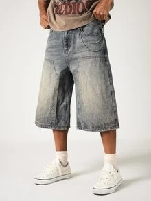 SUMWON Carpenter Denim Jorts Baggy Wide Leg Shorts With Chain Detail Distressed Washed Summer Street Style - Blue - View 1
