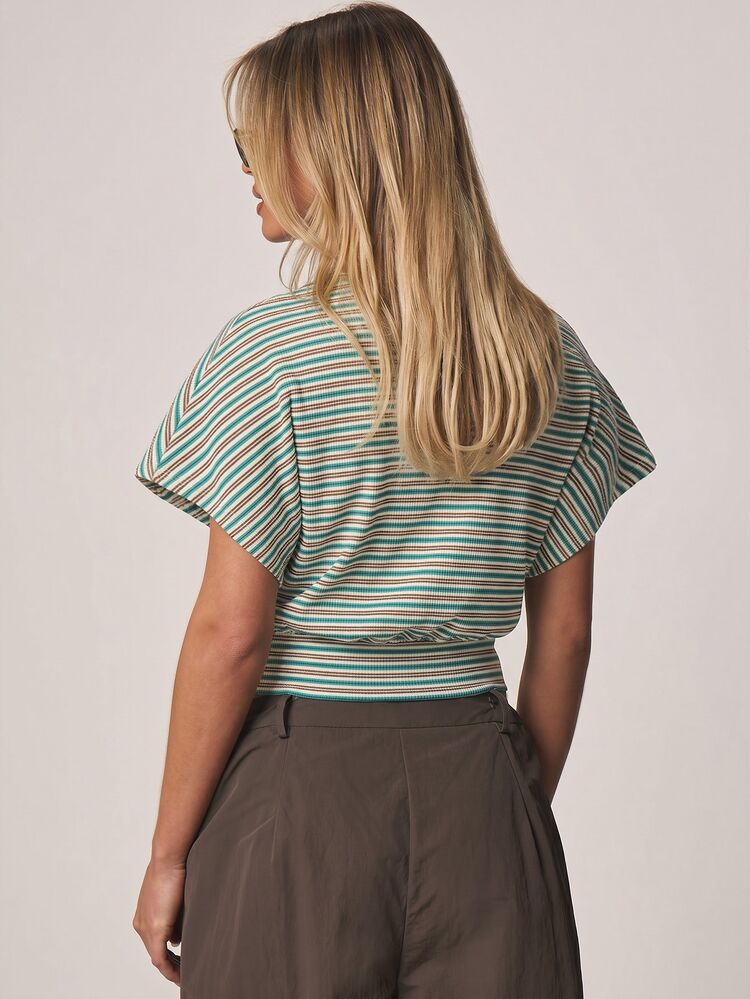 MISSGUIDED Striped Ribbed Crop Top With Cinched Waist Detail, Flutter Cap Sleeves, Crew Neckline, Casual Summer Style