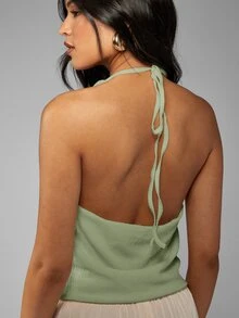 MISSGUIDED Textured Cowl Neck Halter Top With Deep V Neckline And Open Back Tie Detail For Summer Nights - Olive Green - View 2
