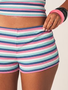 MISSGUIDED 条纹罗纹露背褶皱短款上衣和热裤两件套夏季海滩度假装 - 彩色 - 查看 4