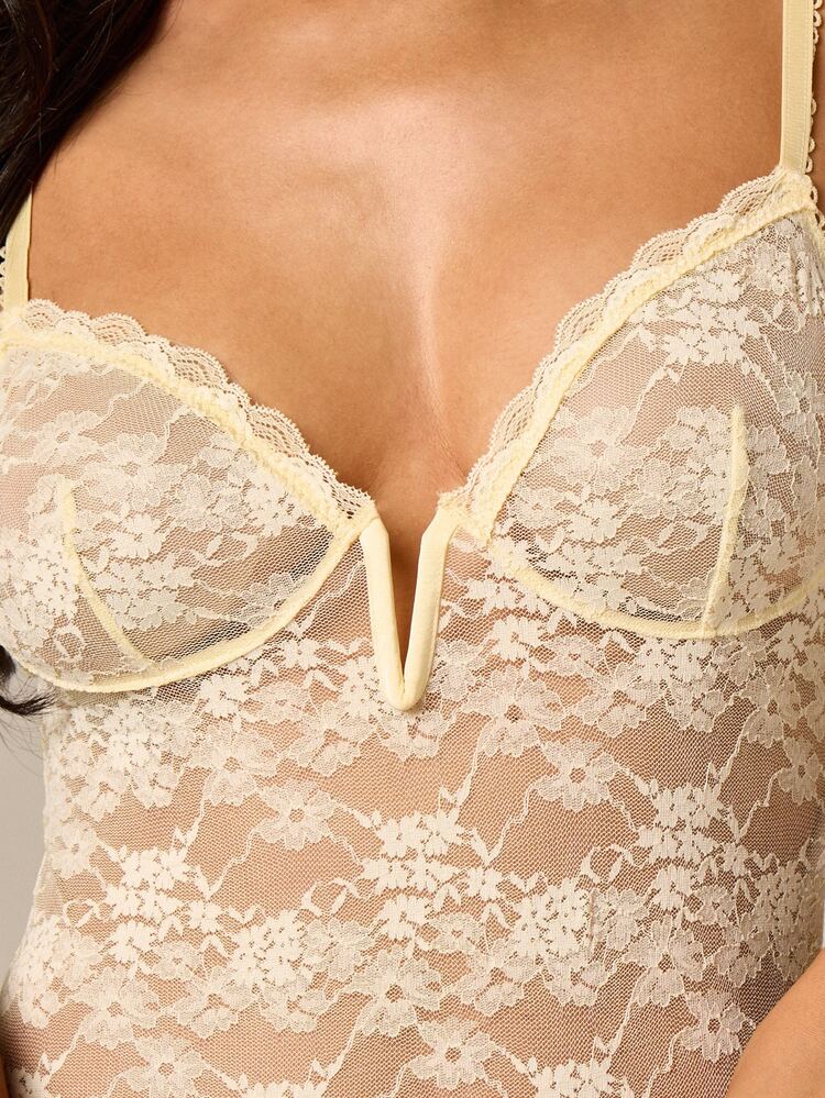 Sheer Floral Lace Plunge Bodysuit With Underwire