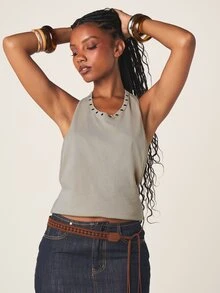 MISSGUIDED Racerback-linne med öppna sidor och öljett-ringning, kort ärmlös, halterneckmodell - Ljusgrå - Visa 4