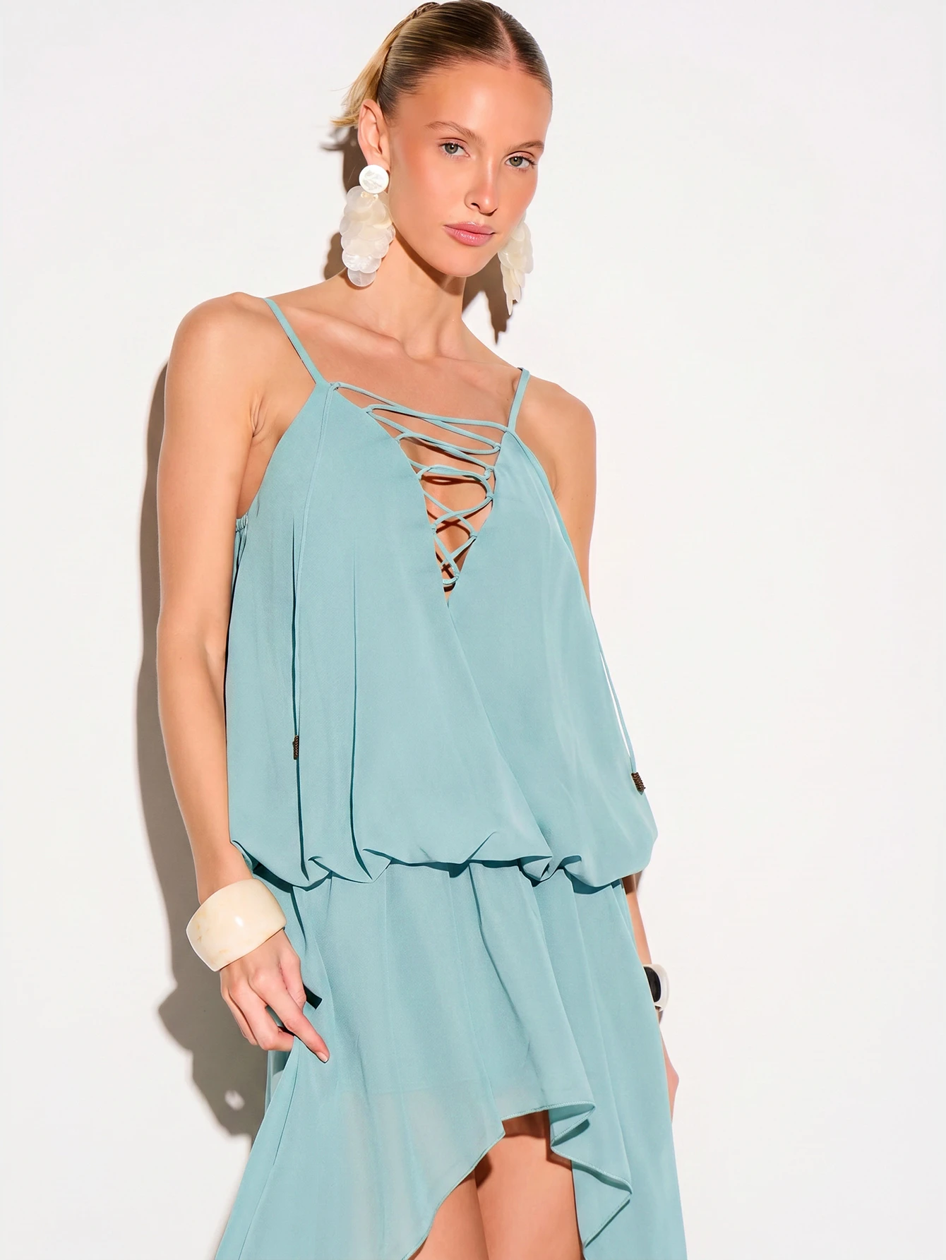 KIZN Lace-Up Ruffle High-Low Maxi Dress