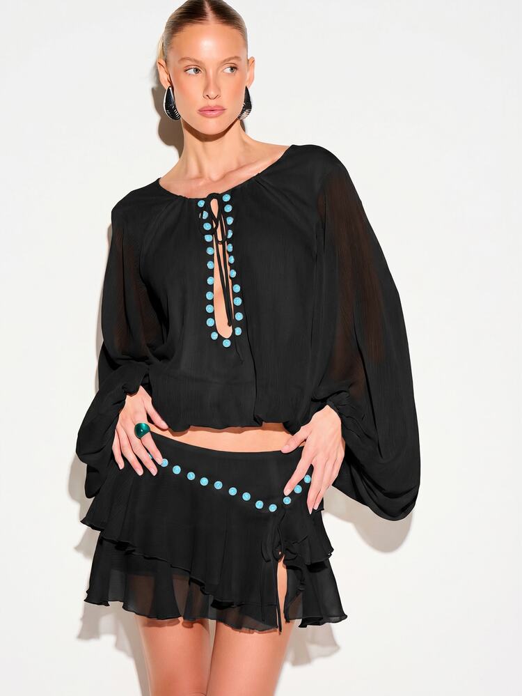 KIZN Tiered Ruffle Mini Skirt With Turquoise Stud Detail