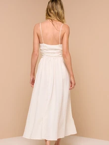KSTM Ruched Bodice Sweetheart Neck Spaghetti Strap Midi Dress Summer Vacation Elegant A-Line Flowy Skirt - White - View 2