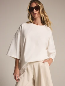 KSTM Oversized Drop Shoulder T-Shirt With Wide Sleeves And Round Neck For Effortless Casual Style - White - View 5