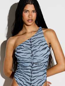 KIZN One Shoulder Tiger Print One-Piece Swimsuit With Open Back And High Cut Leg Summer Beach Swimwear - Multicolor - View 5
