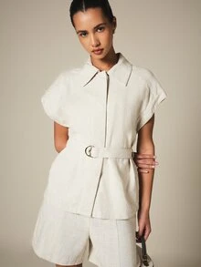 KSTM Áo vest blazer pha vải lanh, cổ bẻ, tay ngắn và khóa chữ D ở eo. - Màu be - Xem 4