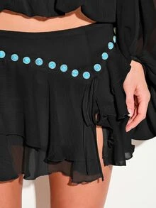 KIZN Chân váy ngắn xếp tầng với chi tiết đính đá màu ngọc lam và viền voan nhiều lớp, thích hợp cho mùa lễ hội và tiệc tùng. - màu đen - Xem 4