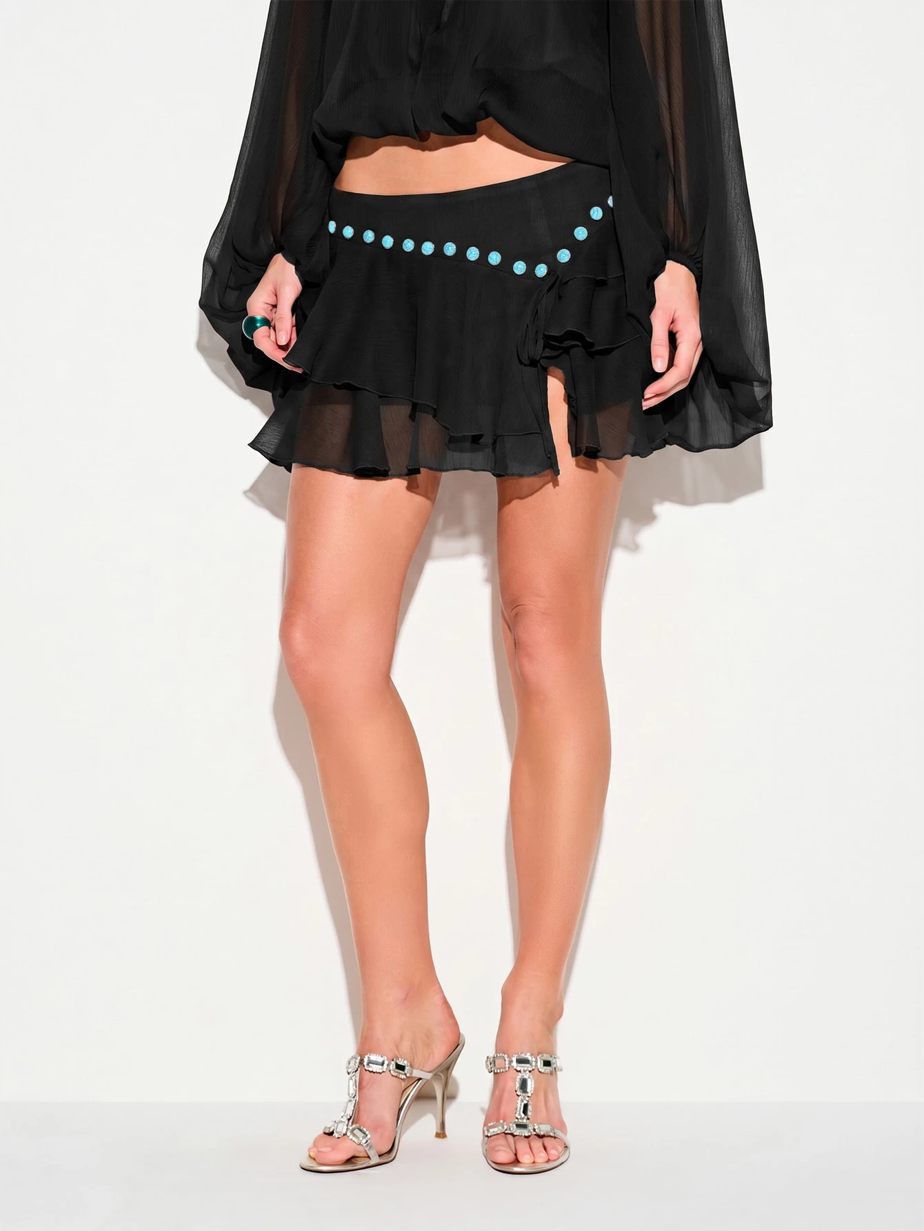 KIZN Tiered Ruffle Mini Skirt With Turquoise Stud Detail