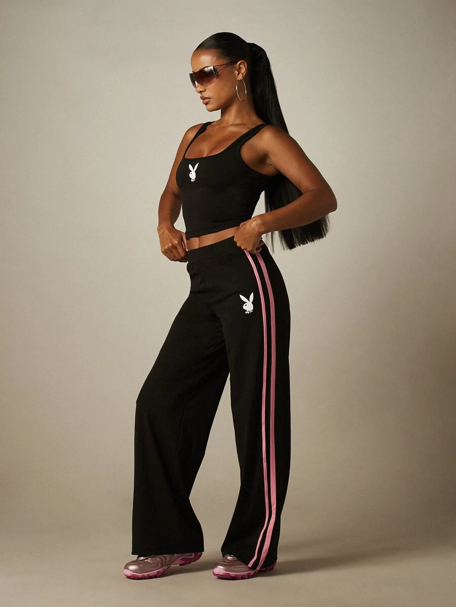 Missguided x Playboy Bunny Logo Square Neck Crop Top And Wide Leg Track Pant Sports Set With Pink Side Stripes - Black - View 1